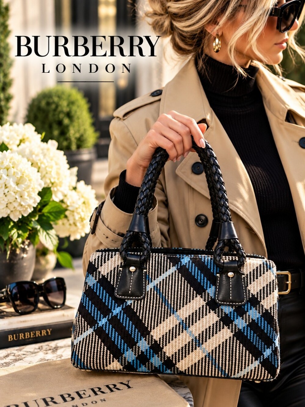 Burberry London Blue Plaid Wool Leather Handbag Vintage Rare